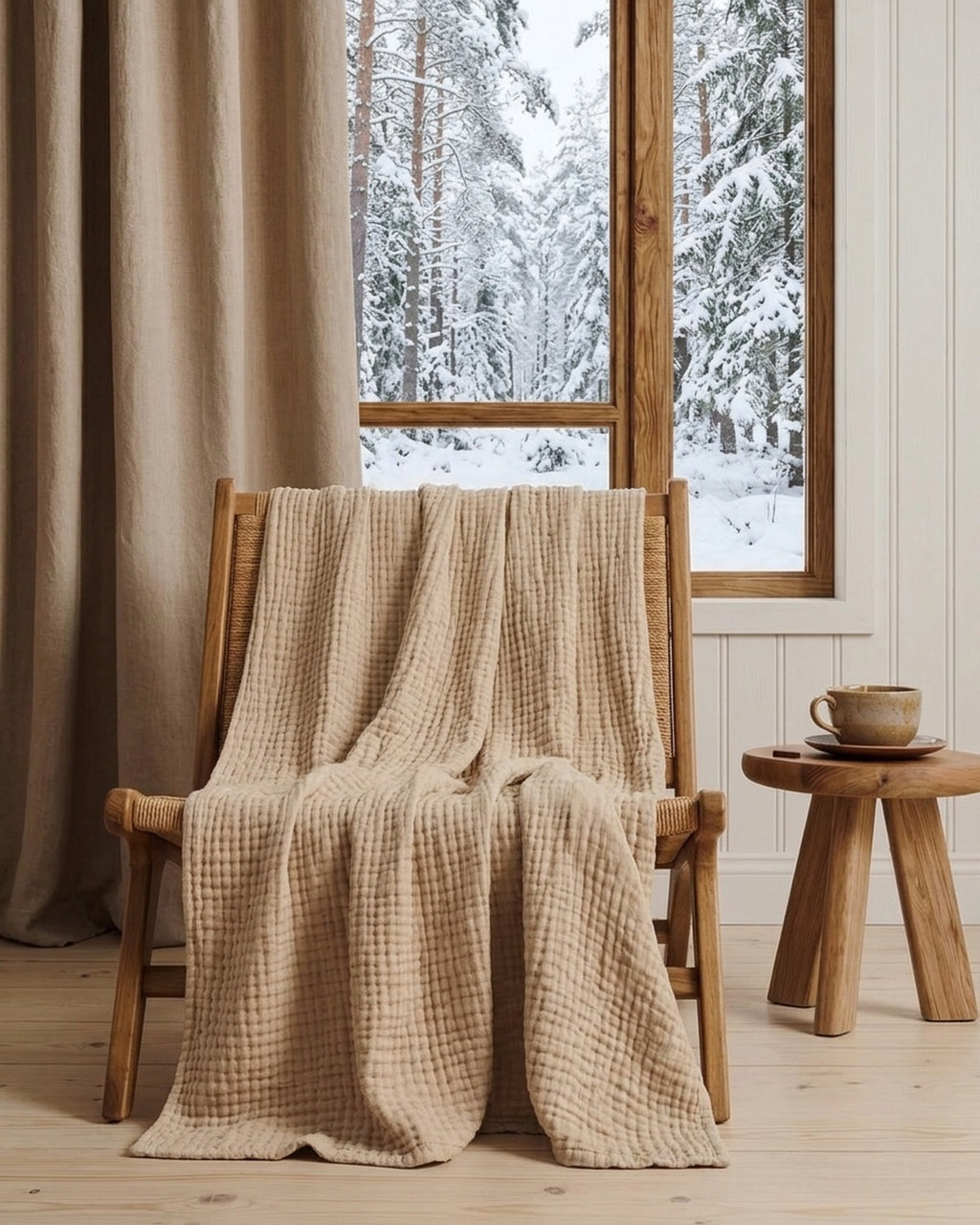 Muslinfilt 9 lager över fåtöljen en snöig dag