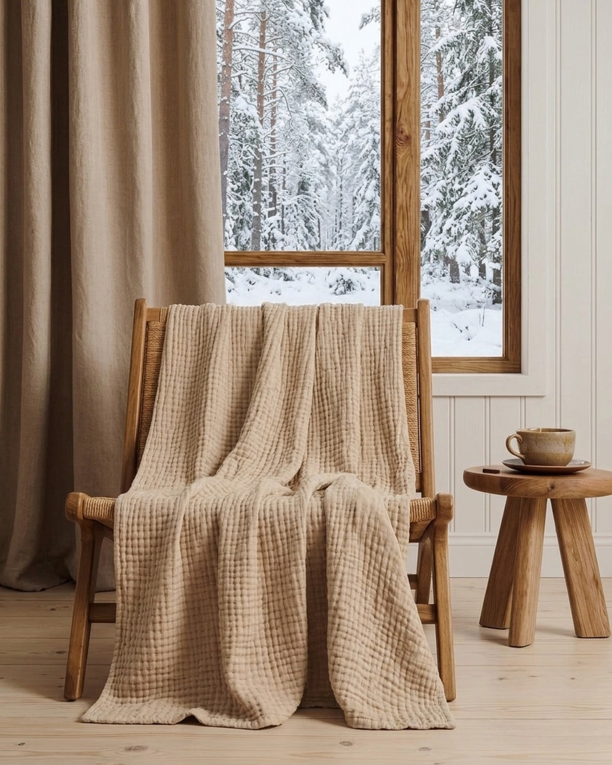 Muslinfilt 9 lager över fåtöljen en snöig dag